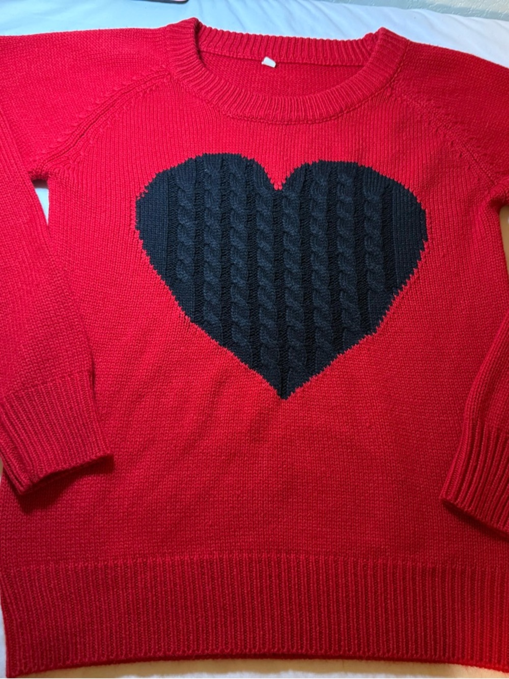 Women's Red Crewneck Sweater with Black Heart Detail